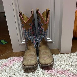 Macie Bean Tan & Blue Plaid Girls' Floral Western Boots